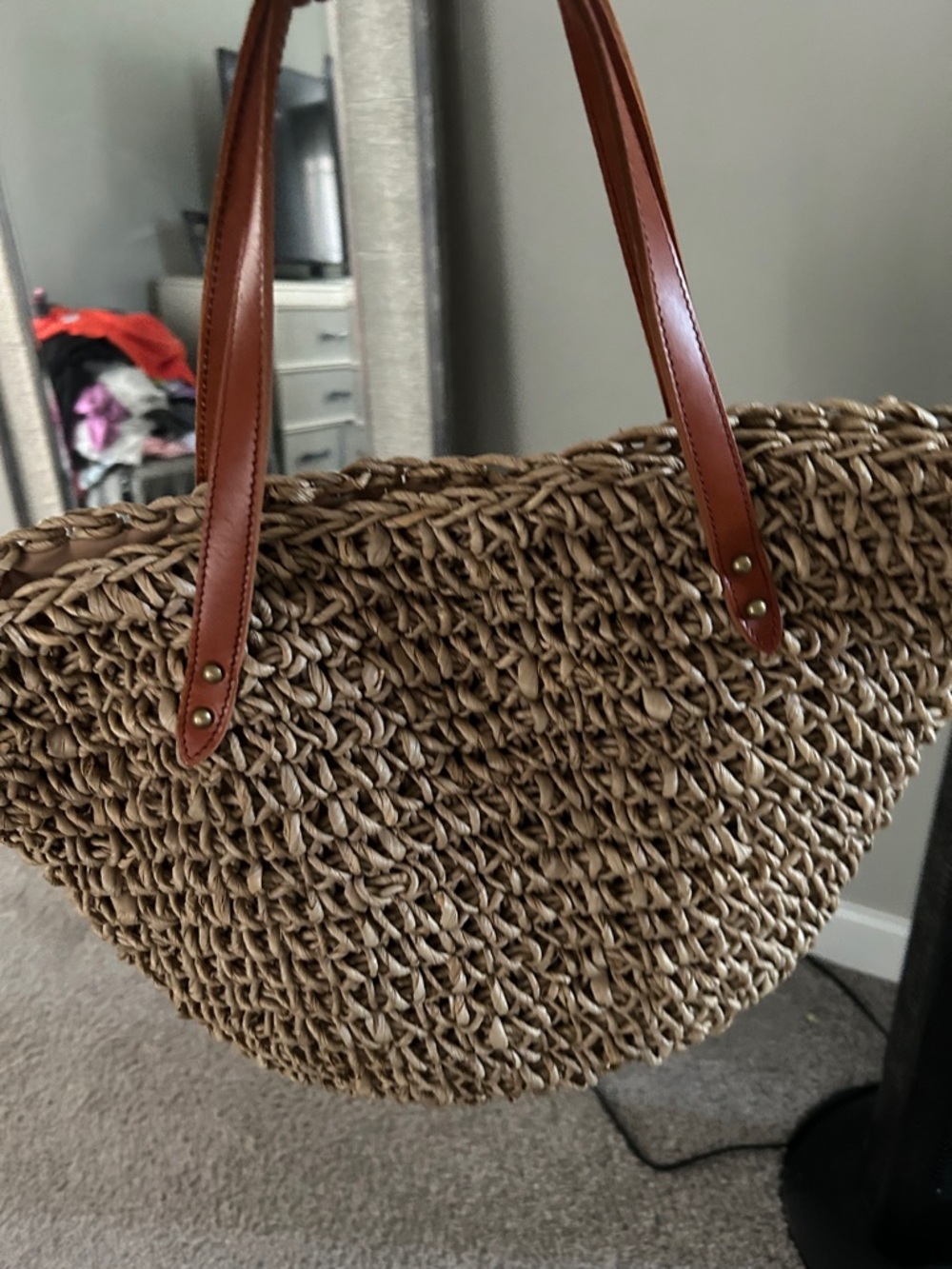 J Jill Woven Straw Tote Leather Strap Beach Bag Market Boho Large - Picture 8 of 11